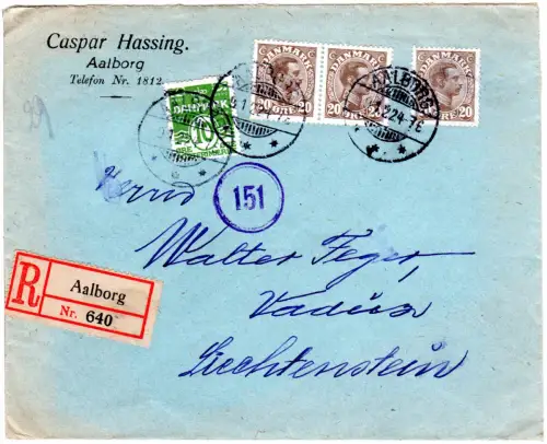 Dänemark 1922, 10+3x20 öre auf Einschreiben Brief v. Aalborg n. Liechtenstein!