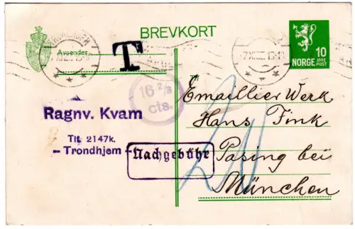 Norwegen 1927, 10 öre Ganzsache v. Trondhjem n. Pasing m. T u. Nachgebühr-Stpl.