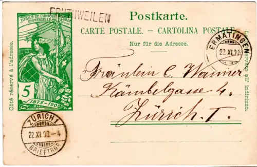 Schweiz 1900, Ermatingen u. Thurgau-L1 FRUTIWEILEN auf 5 C. Ganzsache