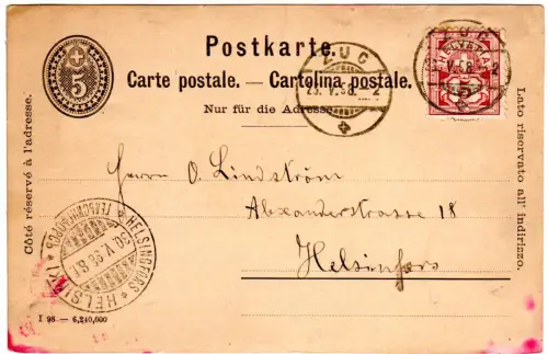 Schweiz 1898, 5 C. Zusatzfrankatur auf 5 C. Ganzsache v. Zug n. Finnland