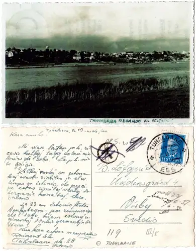 Estland 1937, 10 S. auf sw-AK m. anulliertem "T"-Stpl. v. Tuhalaane n. Schweden