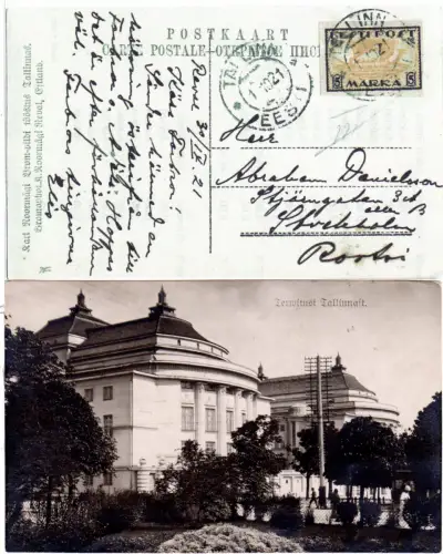 Estland 1921, 5 M. auf sw-AK v. Tallinn n. Schweden