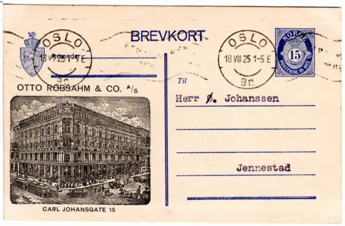 Norwegen 1925, 15 öre Ganzsache v. Oslo m. Zudruck O. Robsahm & Co. m. Trambahn