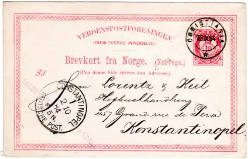 Norwegen 1884, 10 öre Ganzsache v. Christiania n. Konstantinopel Türkei