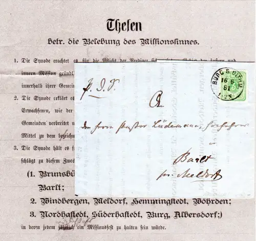 DR 1881, 3 Pf. auf Missionshaus-Drucksache m. K1 Burg S. Dithm. n. Barlt
