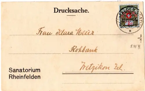 Schweiz 1926, 5 C. Portofreiheit (613) m Plattenfehler auf Karte v. Rheinfelden