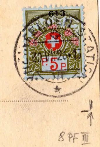 Schweiz 1926, 5 C. Portofreiheit (613) m Plattenfehler auf Karte v. Rheinfelden 