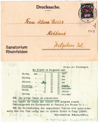 Schweiz 1926, 5 C. Portofreiheit (613) m Plattenfehler auf Karte v. Rheinfelden 