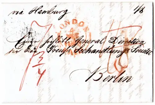 GB 1845, roter LONDON PAID auf Franko/Porto Brief via Hamburg n. Preussen
