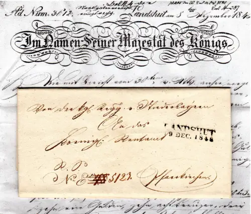 Bayern 1848, L2 Landshut auf Brief m. gerducktem Briefkopf n. Pfarrkirchen