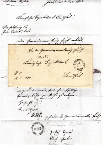 Bayern 1868, K2 Landshut auf Orts-Zustell-Brief v. Furth