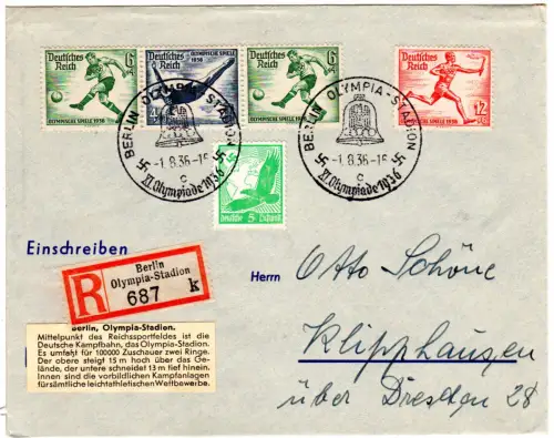 DR 1936, 5 Pf.+4 Marken Olympiade Ausgabe auf Einschreiben-Drucksache v. Berlin