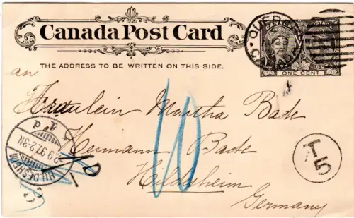 Canada 1897, 1 C. Jubilee stationery from Quebec to Germany with posatge due