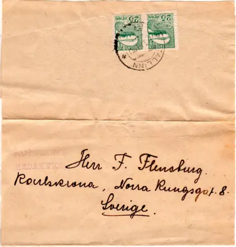 Estland 1922, Paar 25 S. auf Zeitungsschleife v. Tallinn n. Schweden