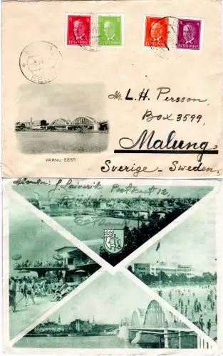 Estland 1940, 4 Marken auf Bilderbrief-Umschlag v. Riidaja n. Schweden