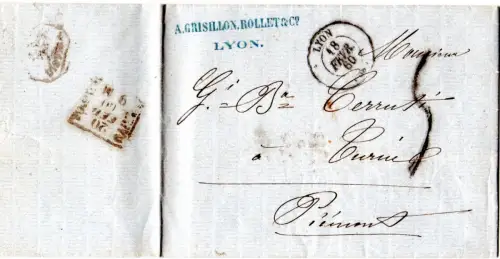Italien 1860, Portostempel "5" auf  Frankreich Brief v. Lyon ins Piemont