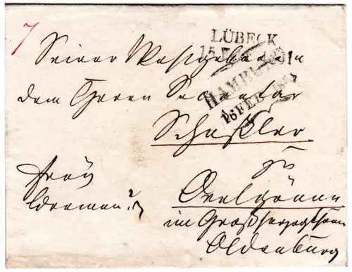 Lübeck 1831, L2 Lübeck u. Hamburg auf Franko Brief (bis Bremen) n. Oldenburg