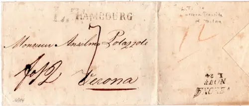 Hamburg 1814, L1 Hambourg u. L.T. von Milano auf Teilfranko Brief n. Italien