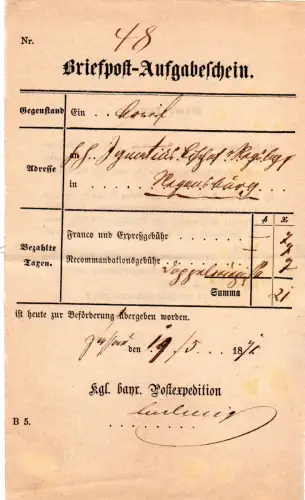 Bayern 1871, Express Postschein f. einen Einschreiben Rückschein Brief v. Passau