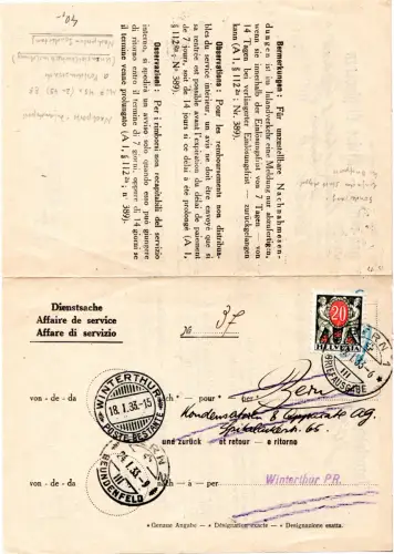 Schweiz 1933, 20 C. Porto auf Formular Unbestellbarkeitsmeldung v. Winterthur