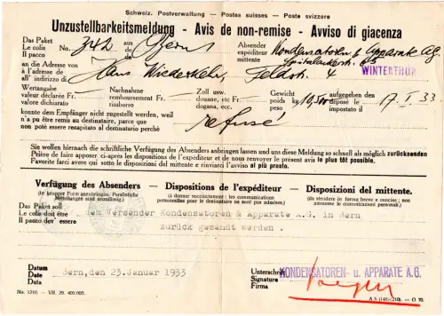 Schweiz 1933, 20 C. Porto auf Formular Unbestellbarkeitsmeldung v. Winterthur