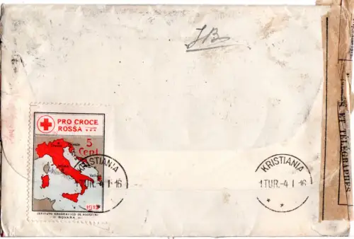 Italien 1915, 25 C. auf Zensur Brief m. Rot Kreuz Marke v. Bergamo n. Norwegen 