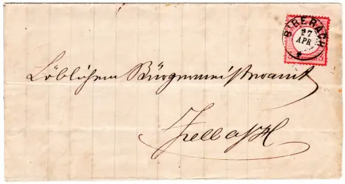 DR 1872, kl. K1 Biberach (m. Stern) klar auf Brief m. 1 Gr. kl. Brustschild