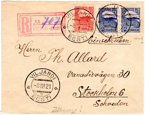Estland 1921, 1 Mk+Paar 2 M m. Postmeister-Zähnung auf Reko Brief v. Viljandi