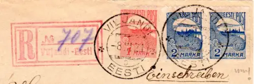 Estland 1921, 1 Mk+Paar 2 M m. Postmeister-Zähnung auf Reko Brief v. Viljandi
