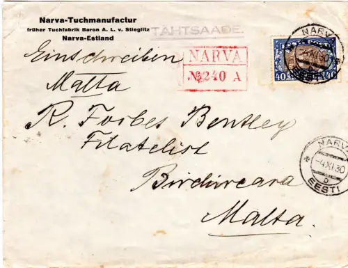 Estland 1930, EF 40 Mk. auf Einschreiben Brief v. Narva n. Malta. Destination!