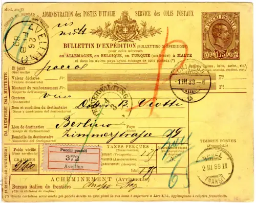 Italien 1889, 1,75 L. Paketkarte Ganzsache v. Avellino via Schweiz n. Berlin