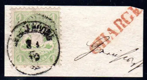 Bayern, Zierstempel Deggendorf u. CHARGÉ auf Briefstück m. 1 Kr Wappen. Geprüft