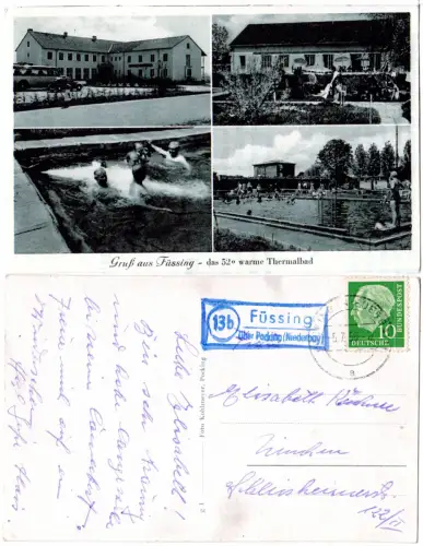 BRD 1955, Landpost Stpl. 13b FÜSSING über Pocking auf sw-AK m. 10 Pf. 