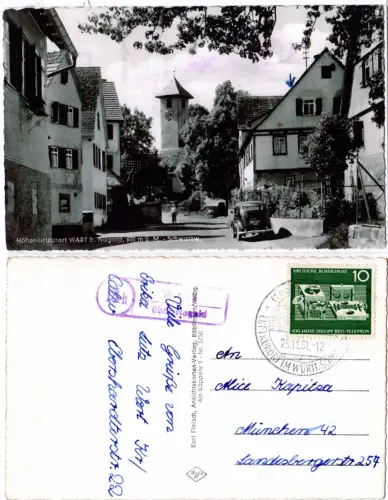 BRD 1961, Landpost Stpl. 14b WART über Nagold auf sw-AK m. Odtimer u. 10 Pf. 