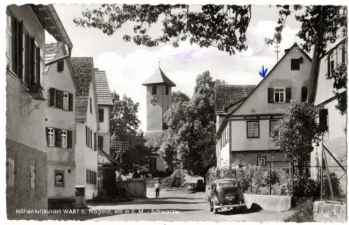 BRD 1961, Landpost Stpl. 14b WART über Nagold auf sw-AK m. Odtimer u. 10 Pf. 