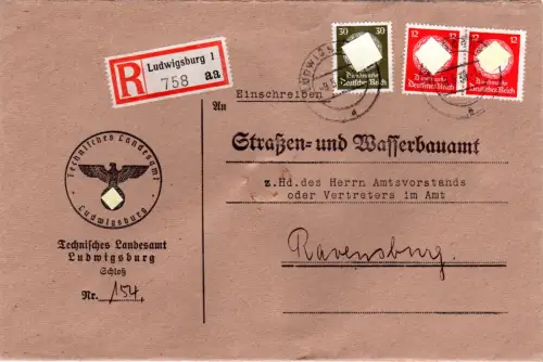 DR 1939, 2x12+30 Pf. Dienst auf Einschreiben Brief v. Ludwigsburg