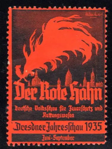 Dresden, Jahresschau 1935, Der Rote Hahn, Vignette Dt. Volksschau f. Feuerschutz