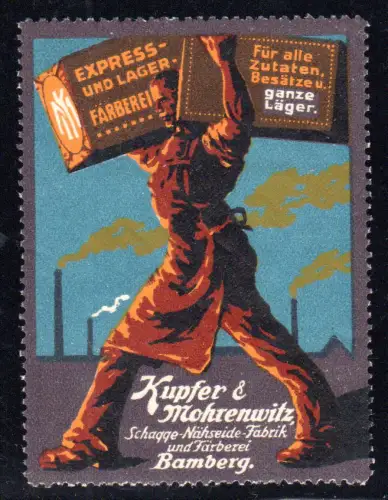 Bamberg, Nähseide-Fabrik u. Färberei Kupfer & Mohrenwitz, schöne alte Vignette.