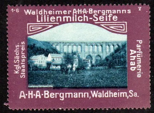 Waldheim, Sa., Parfümerie Ahab, alte Vignette m. Abb. Eisenbahn-Viadukt