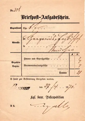 Bayern 1871, L1 Passau auf Express Postschein f. einen eingeschriebenen AR Brief