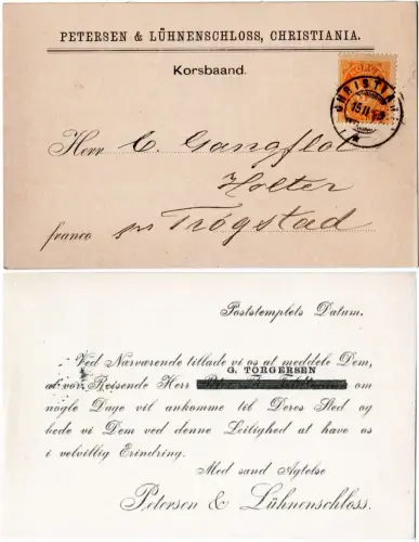 Norwegen 1895, 3 öre auf Firmen Vertreter-Avis Karte v. Christiania