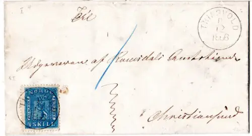 Norwegen 1866, 4 Sk. auf kl. Brief m. K1 Thingvold m. "1" Sk. Bestellgebühr