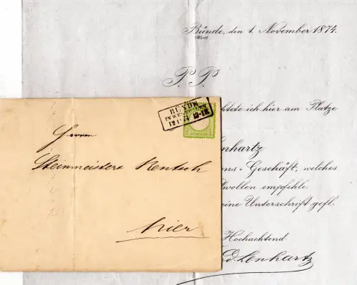 DR 1874, 1/3 Gr. Brustschild auf Orts.Faltdrucksache v. Bünde in Westfalen