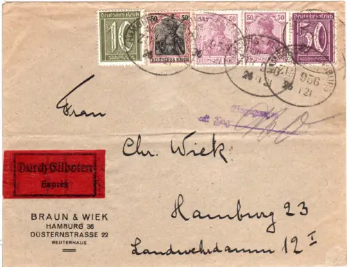 DR 1921, 10+4x50 Pf. auf portorichtigem Eilboten Brief m. BP Hamburg-Flensburg
