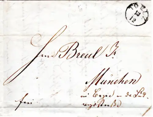 Bayern 1841, Fingerhutstpl. TOELZ klar auf Franko Brief n. München.