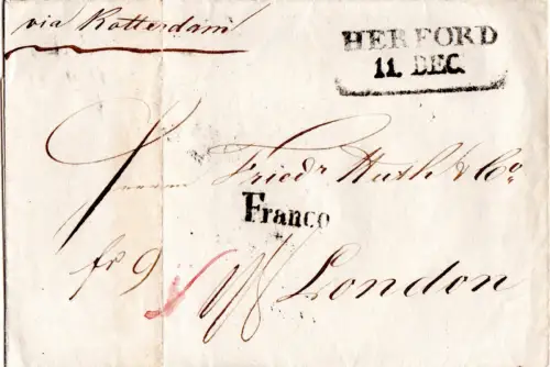 Preussen 1839, R2 Herford u. L1 Franco auf Teilporto Brief via Rotterdam n. GB.