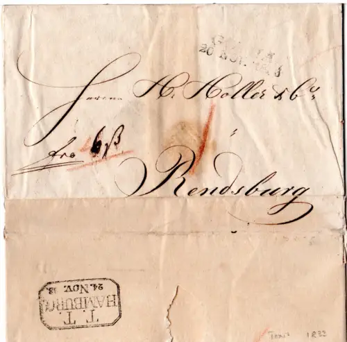 Taxis 1833, L2 Gotha auf Franko Brief via hamburg n. Rendsburg Dänemark
