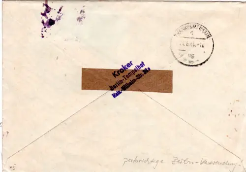 1946, 10+16+40+42 Pf. auf portorichtigem Einschreiben Brief v. Berlin-Tempelhof