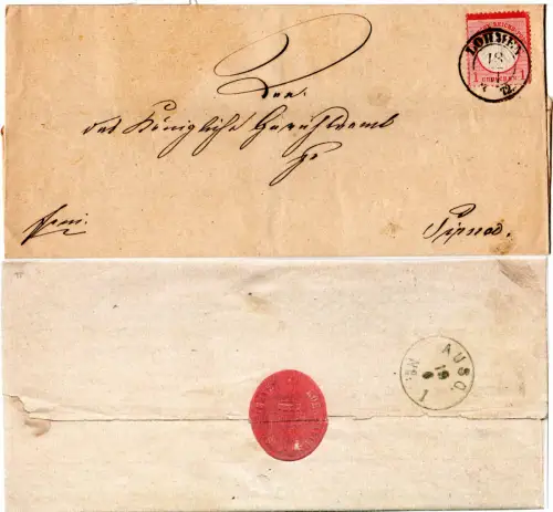 DR 1872, nachverw. Sachsen-K2 Lohsen auf Brief m. 1 Gr. Brustschild.