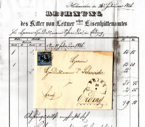 Bayern, MR 442 Prien auf Brief v. Hohenaschau m. breitrandiger 3 Kr. n. Erding